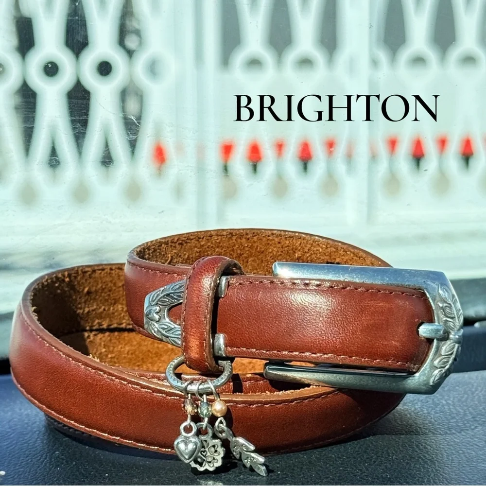 Brighton Brown Leather Belt Silver Buckle Charm Detail Size L 34”